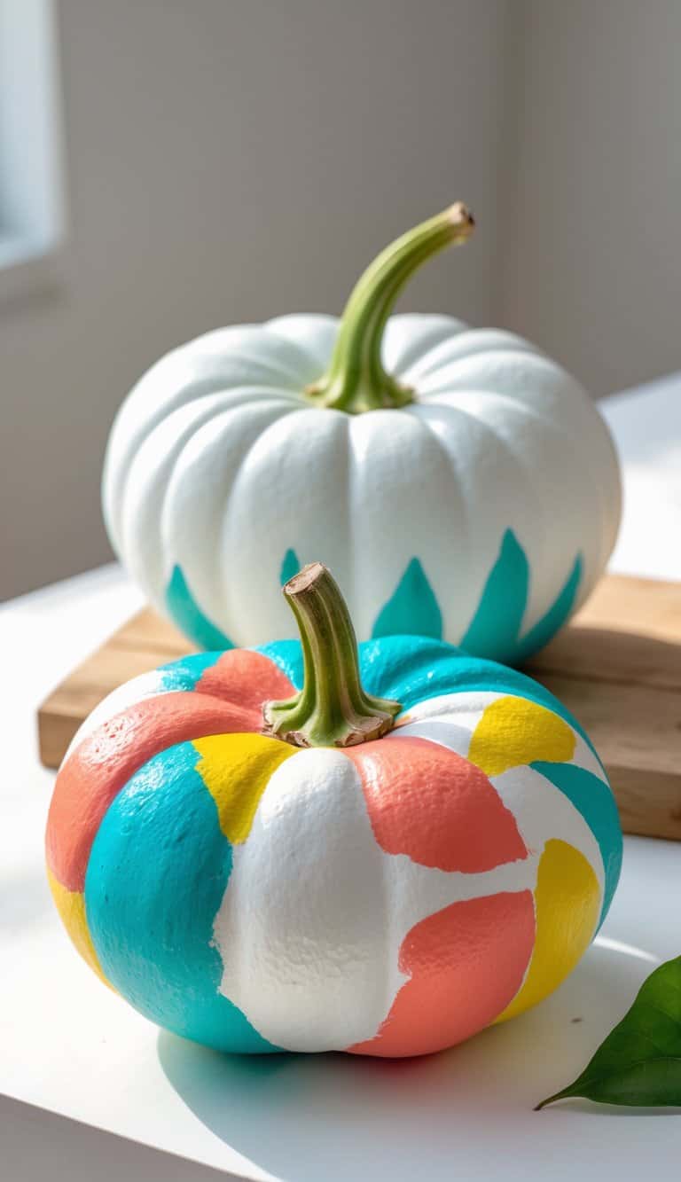 Close-up of one or two white pumpkins painted with colorful, playful designs on a clean tabletop.