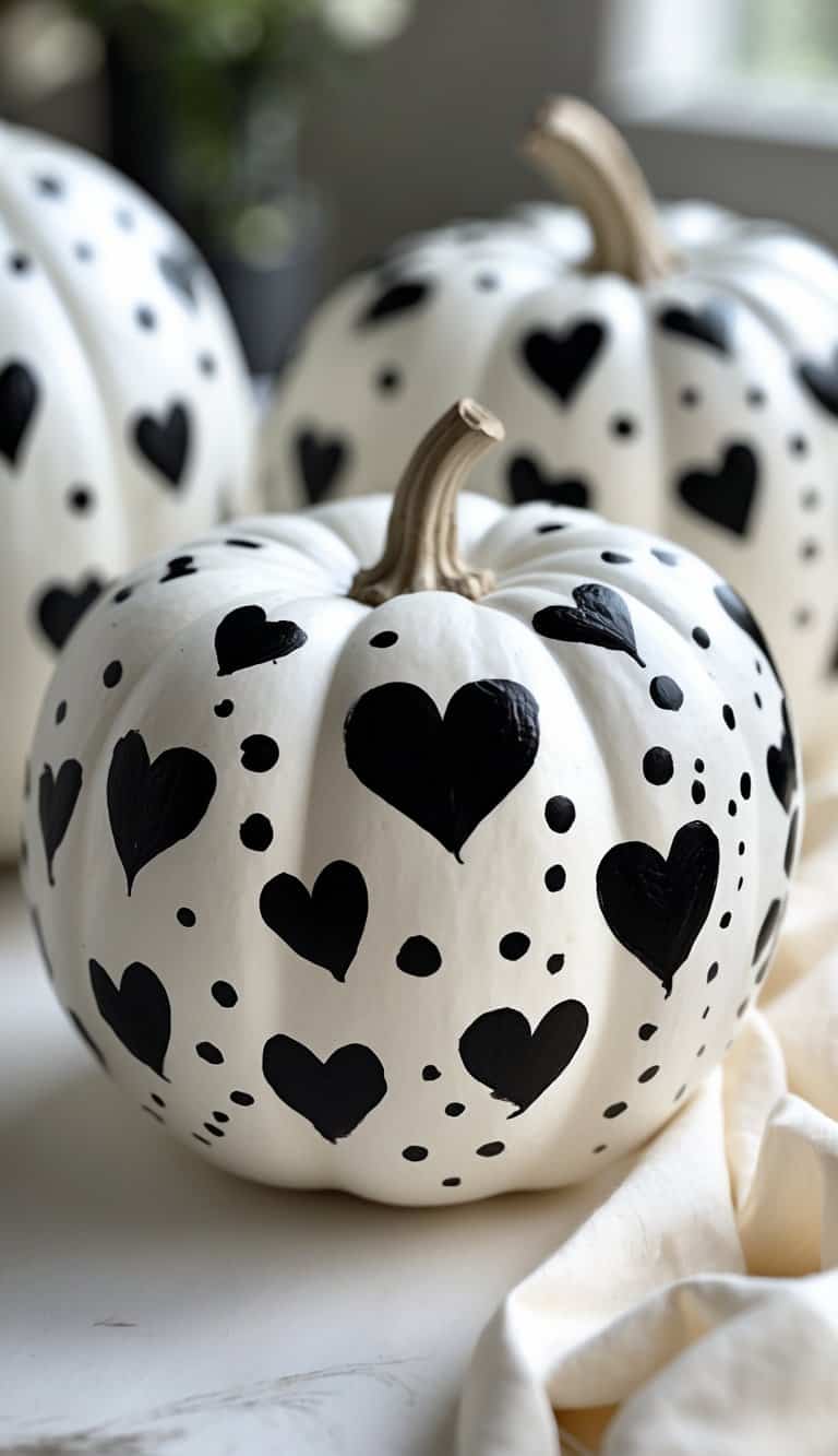 Close-up of one to two white pumpkins painted with black hearts and dots on a simple tabletop.