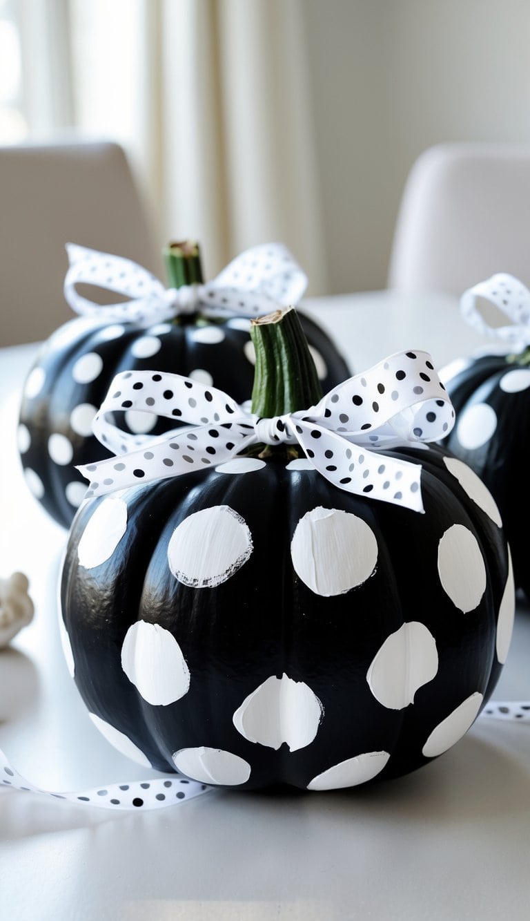 One to two black pumpkins decorated with white polka dots and white polka dot ribbons on a plain tabletop.