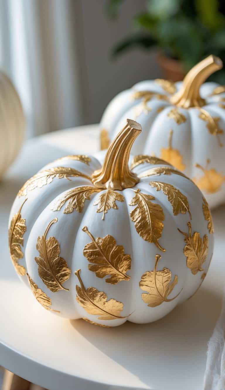 Close-up of one to two white pumpkins with gold leaf designs on a clean tabletop.