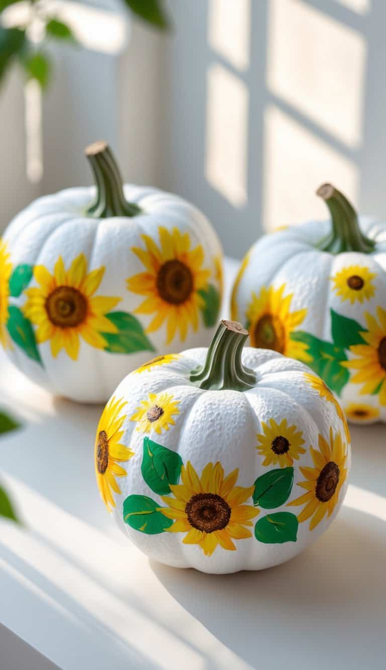 One to two white pumpkins painted with colorful sunflower designs on a tabletop.