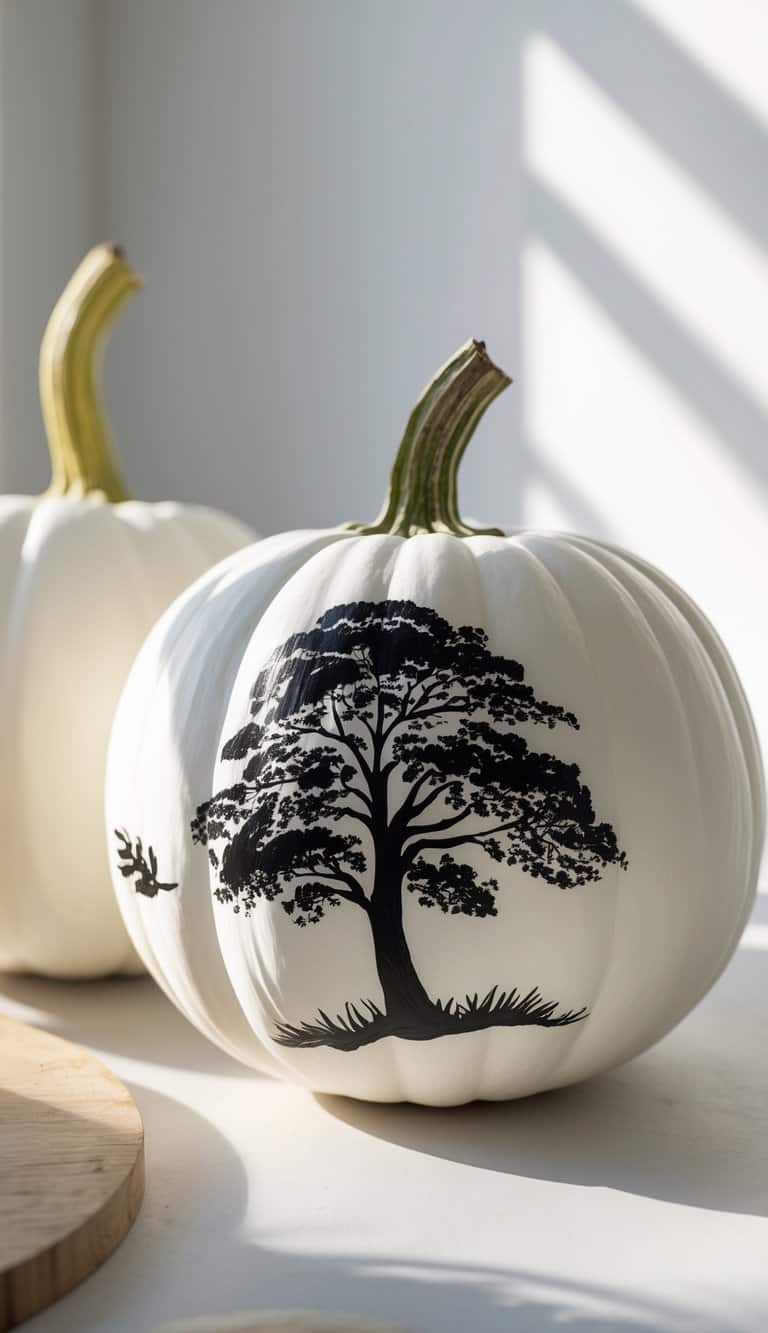 One to two white pumpkins on a table, one painted with a black tree silhouette.