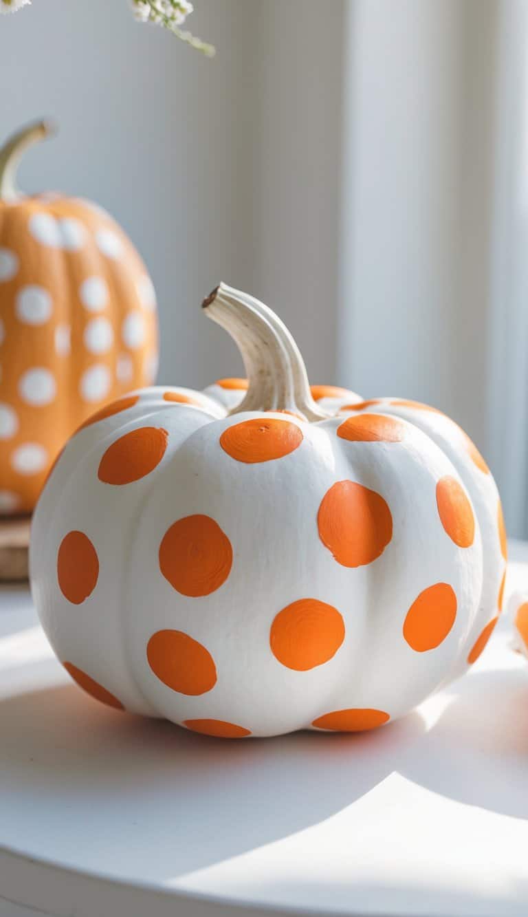 Close-up of one to two white pumpkins painted with orange polka dots on a tabletop.