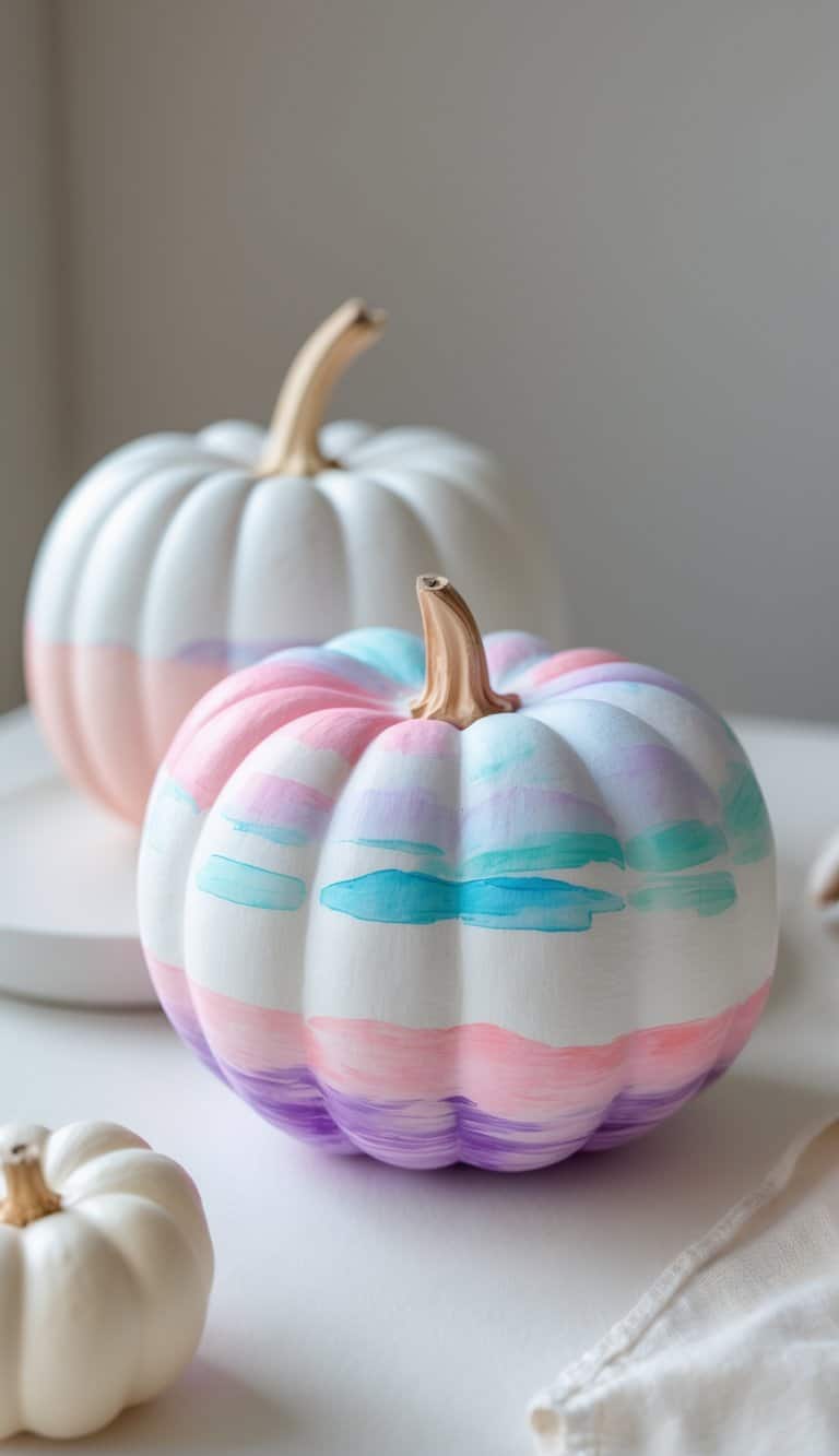Close-up of one to two white pumpkins painted with pastel ombre watercolor designs on a clean tabletop.