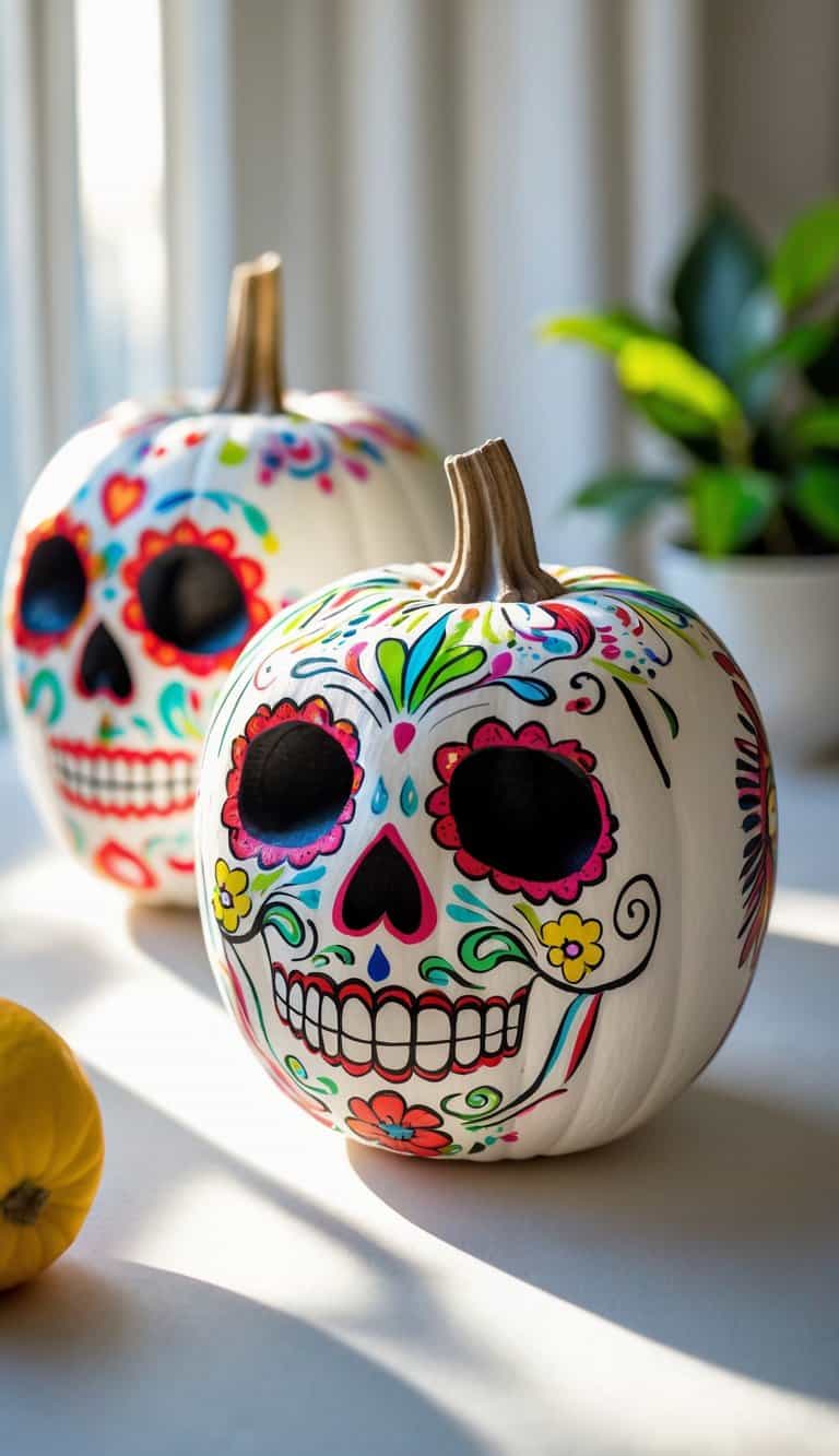Close-up of one to two white pumpkins painted with colorful sugar skull designs on a tabletop.
