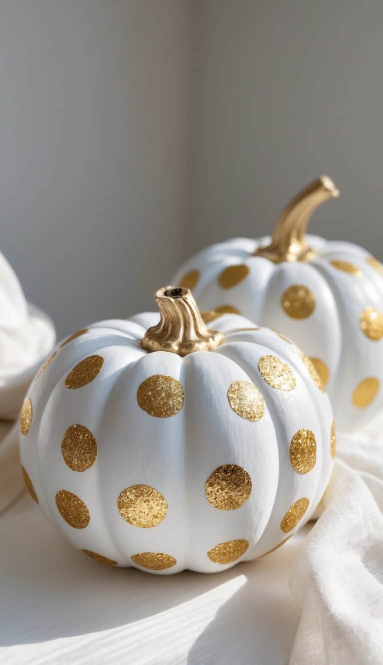 Close-up of one to two white pumpkins painted with gold glitter polka dots on a simple tabletop.