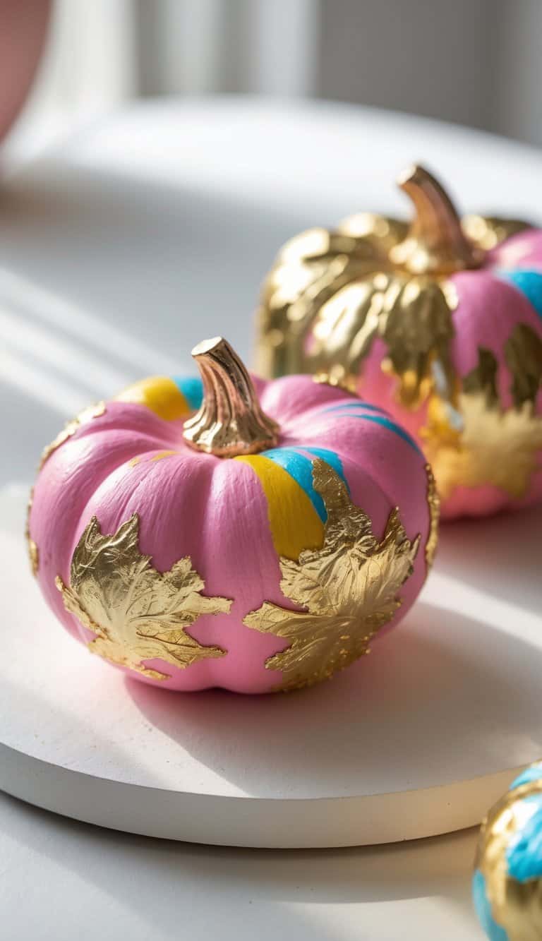 One to two small painted pumpkins with gold leaf accents on a tabletop.