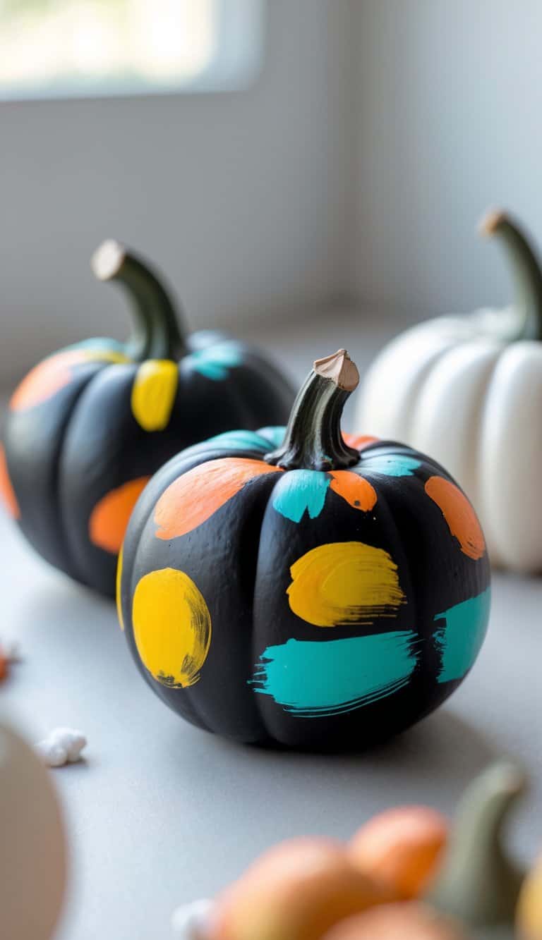One or two small black-painted pumpkins with colorful hand-painted designs placed on a clean tabletop.