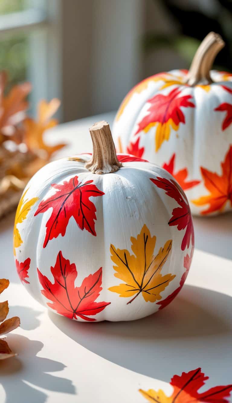 Close-up of one or two white pumpkins painted with bright red and orange autumn leaf designs on a clean tabletop.