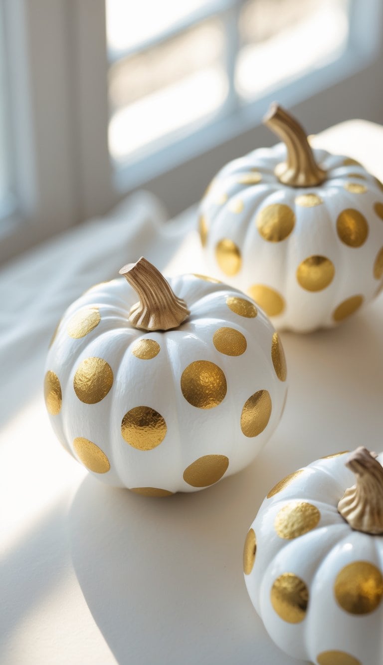 One to two white mini pumpkins with gold polka dots placed on a clean surface under soft daylight.