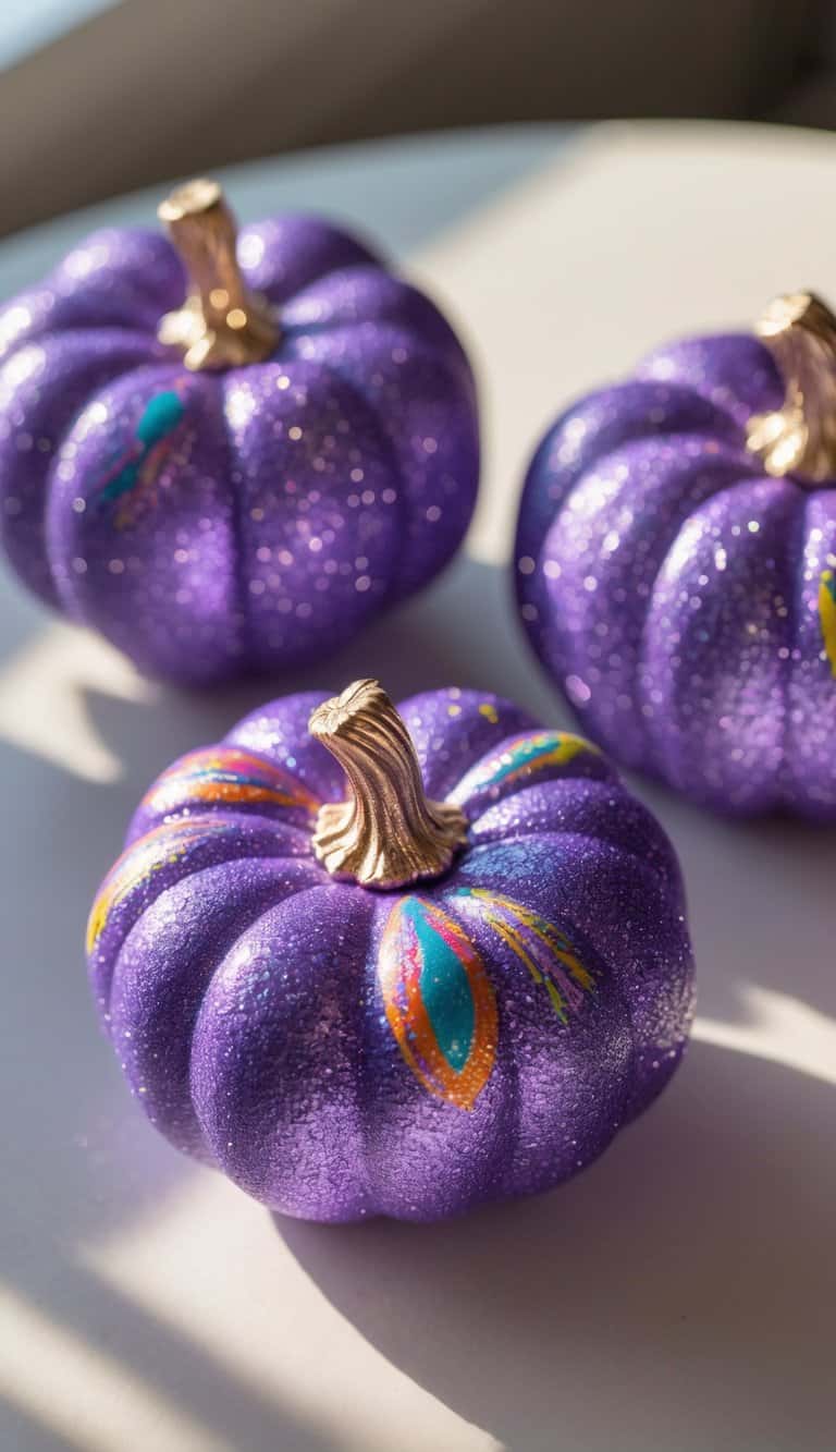 One to two glittery purple mini pumpkins with colorful painted designs placed on a tabletop.