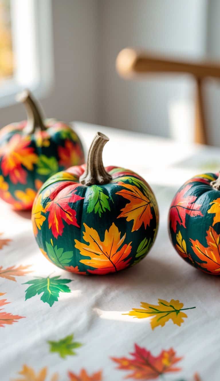 One or two small pumpkins painted with colorful fall leaves patterns, placed on a tabletop with soft natural light.