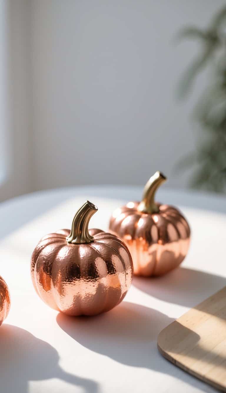 Close-up of one to two small pumpkins painted in shiny copper colors on a clean tabletop.