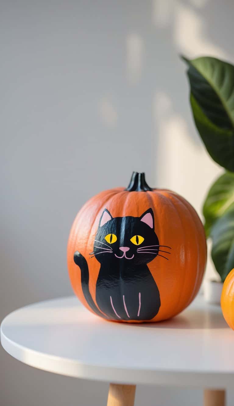 Close-up of one or two painted pumpkins with black cat silhouettes and glowing eyes on a tabletop.