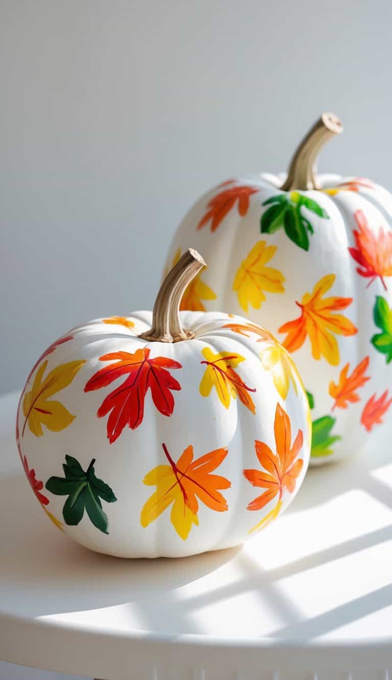 Close-up image of one or two white pumpkins painted with colorful fall leaves on a tabletop.