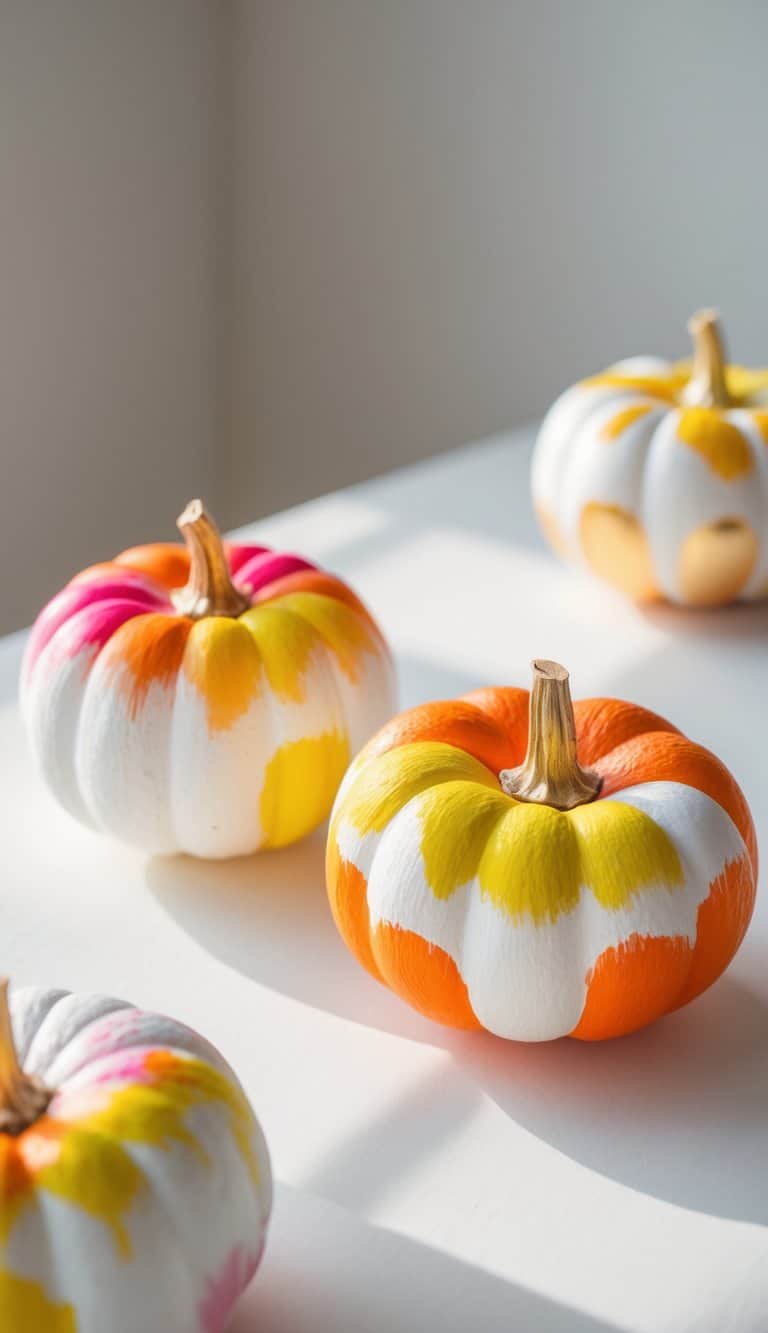 Close-up of one or two small painted pumpkins on a tabletop, featuring smooth color transitions from white to orange and detailed decorative designs.