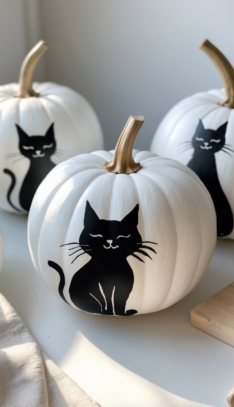 One to two white pumpkins painted with black cat silhouettes on a light tabletop.