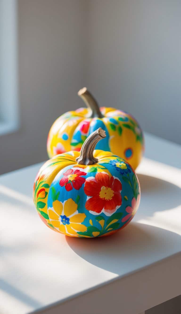 Close-up of one to two mini pumpkins painted with colorful floral patterns on a clean tabletop.