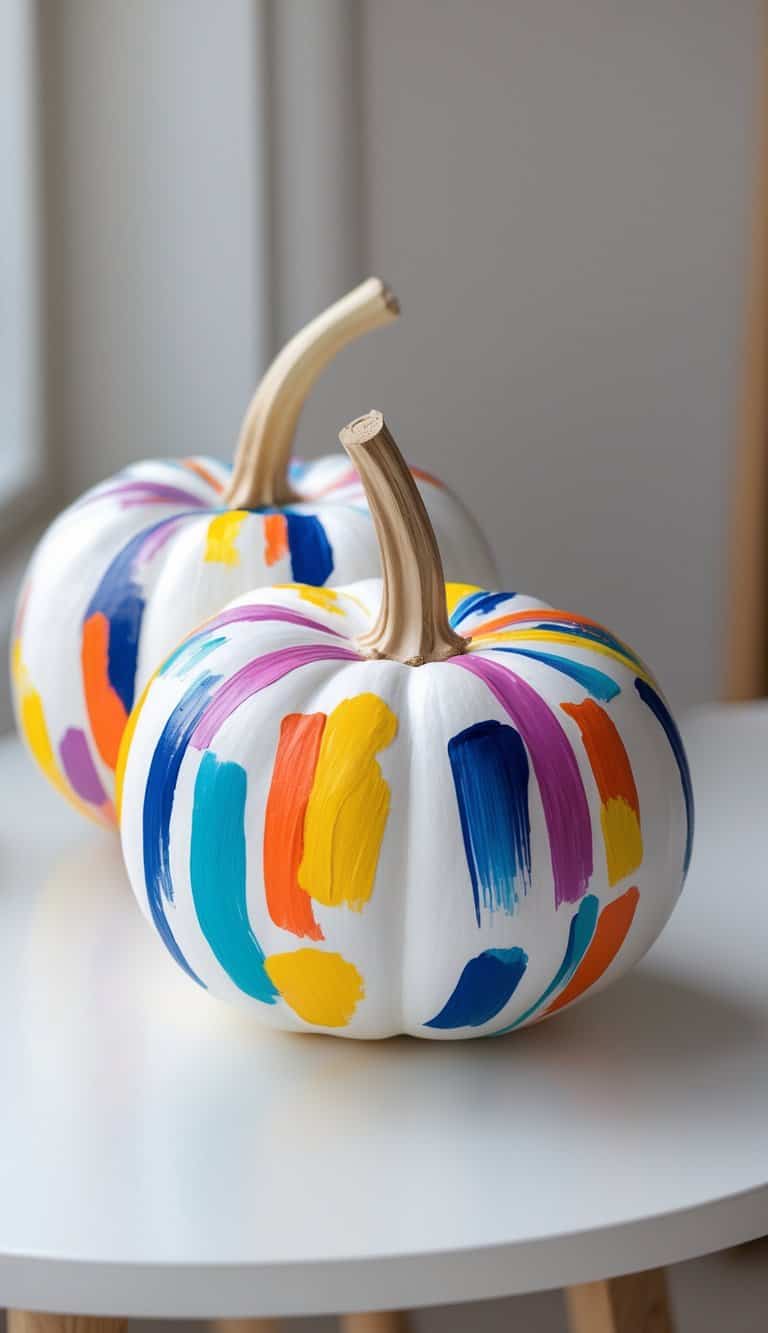 One to two white pumpkins painted with colorful abstract brush strokes on a simple tabletop.