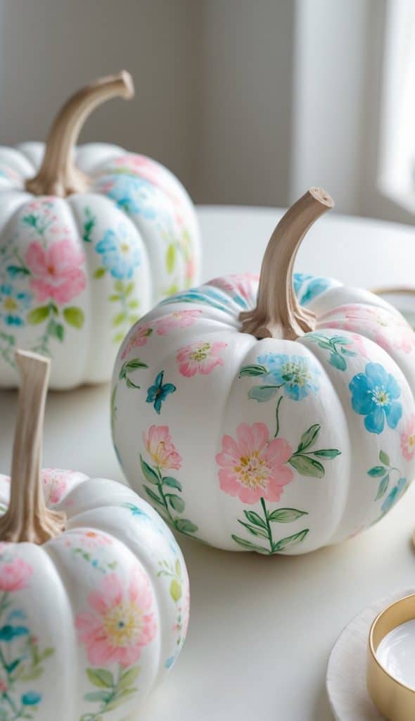 Three white pumpkins with stems are decorated with hand-painted pastel flowers and leaves, displayed on a light-colored table in natural daylight.