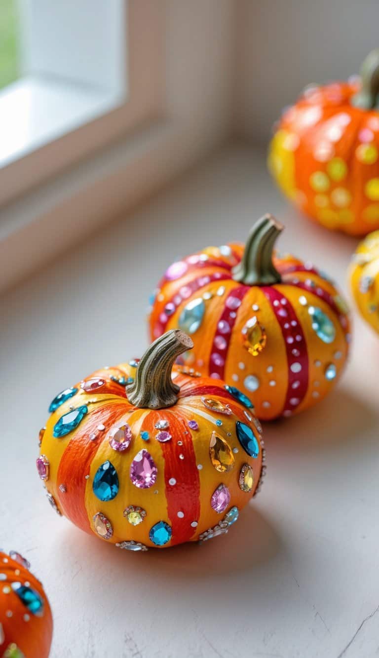 Close-up of one or two mini pumpkins painted with colorful designs and decorated with small faux gemstones on a tabletop.