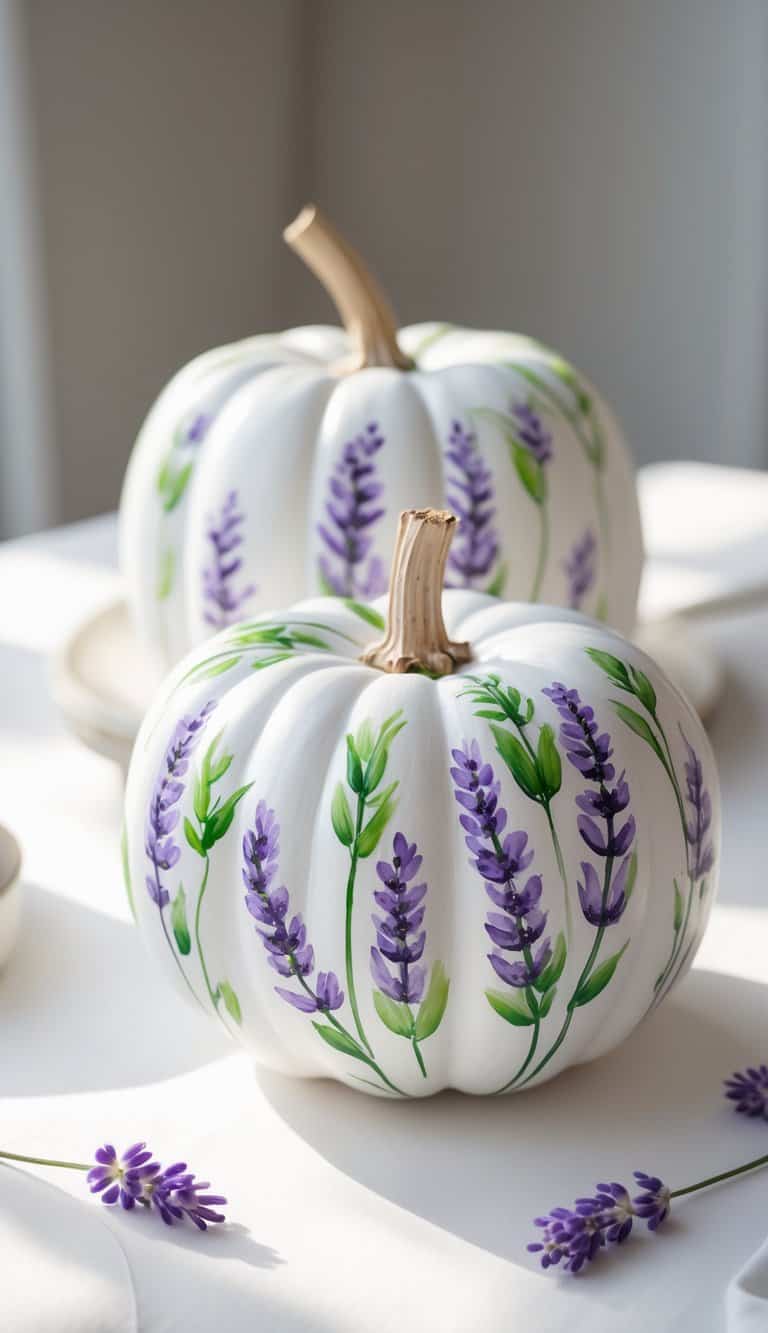 One to two white pumpkins painted with lavender sprigs on a tabletop.