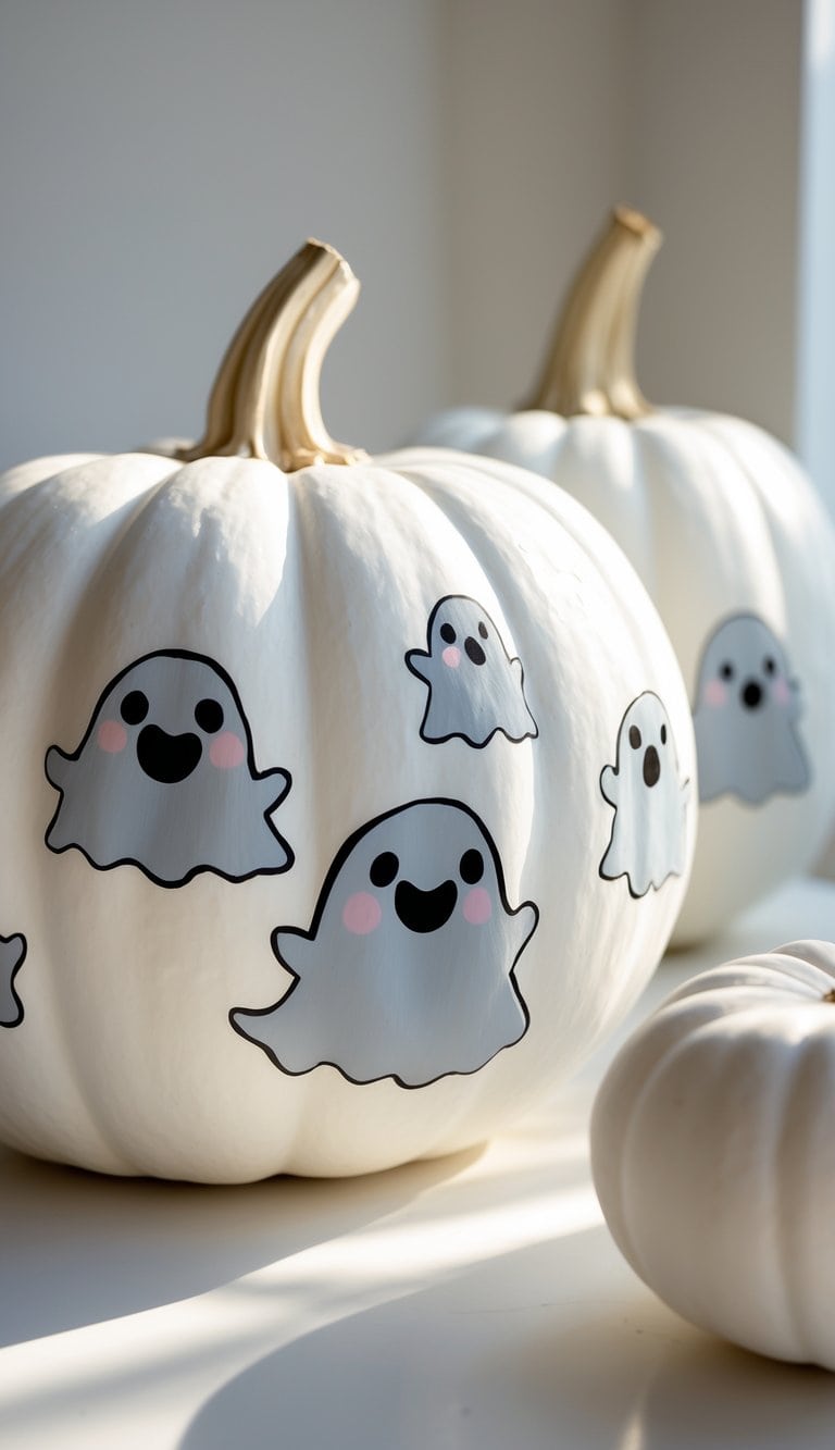 One to two white pumpkins painted with cute gray ghost illustrations placed on a tabletop.