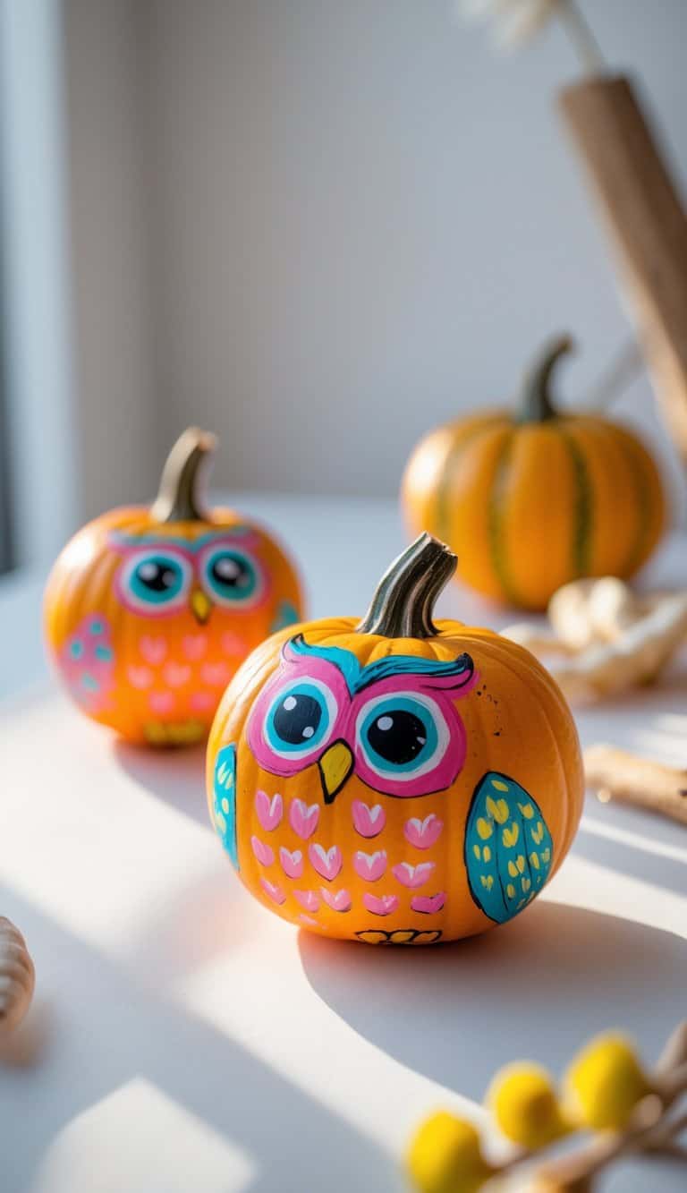 One to two mini pumpkins painted with colorful owl designs on a clean tabletop under soft daylight.