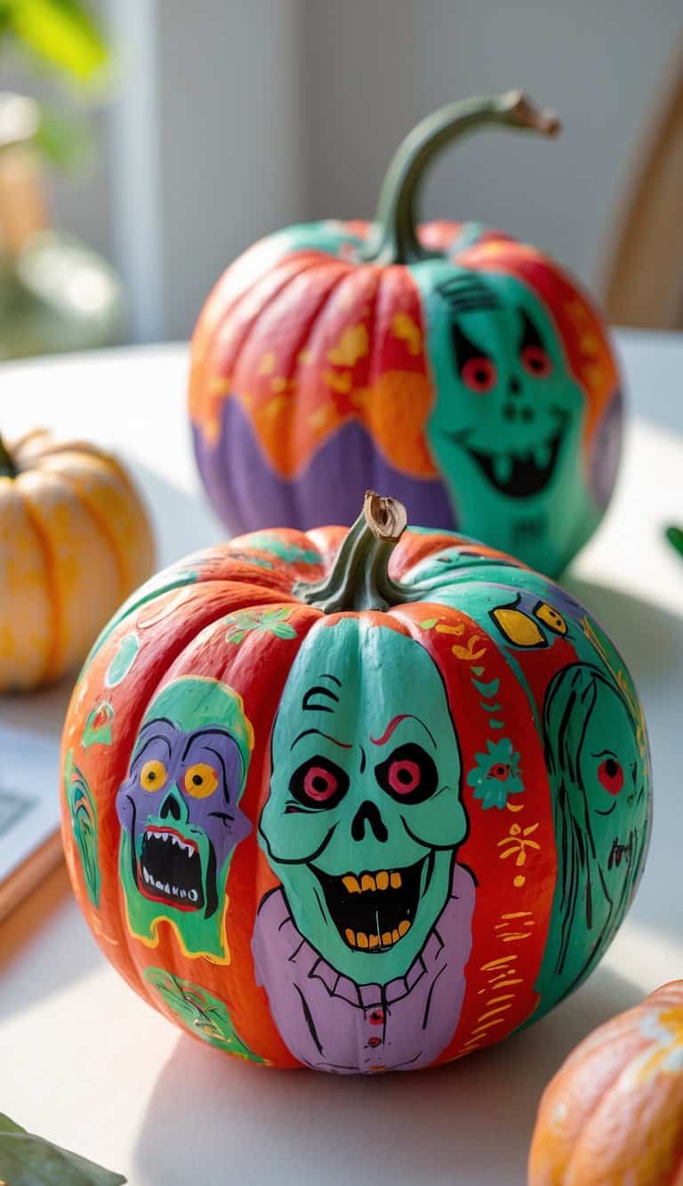 One to two brightly painted pumpkins with colorful spooky designs on a simple tabletop under soft daylight.