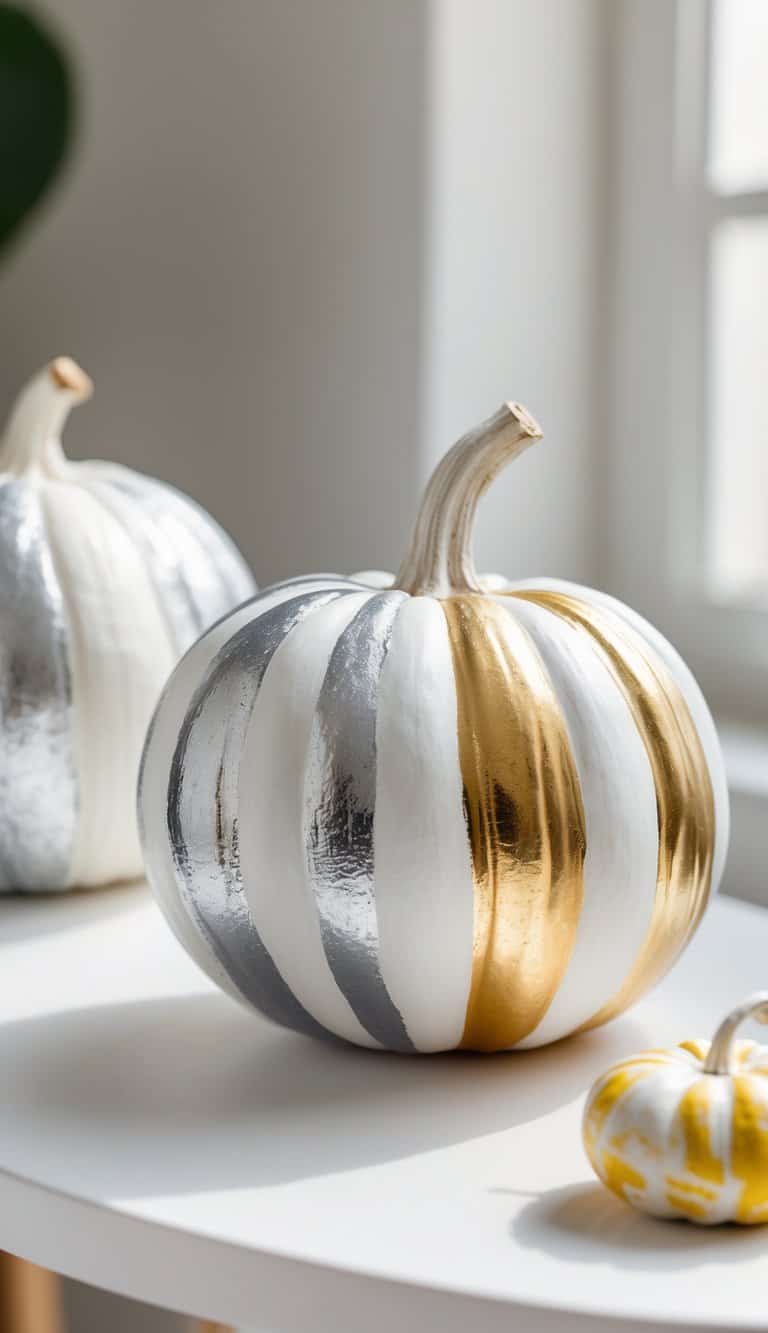 Close-up of one or two pumpkins painted with white and metallic silver stripes on a tabletop.