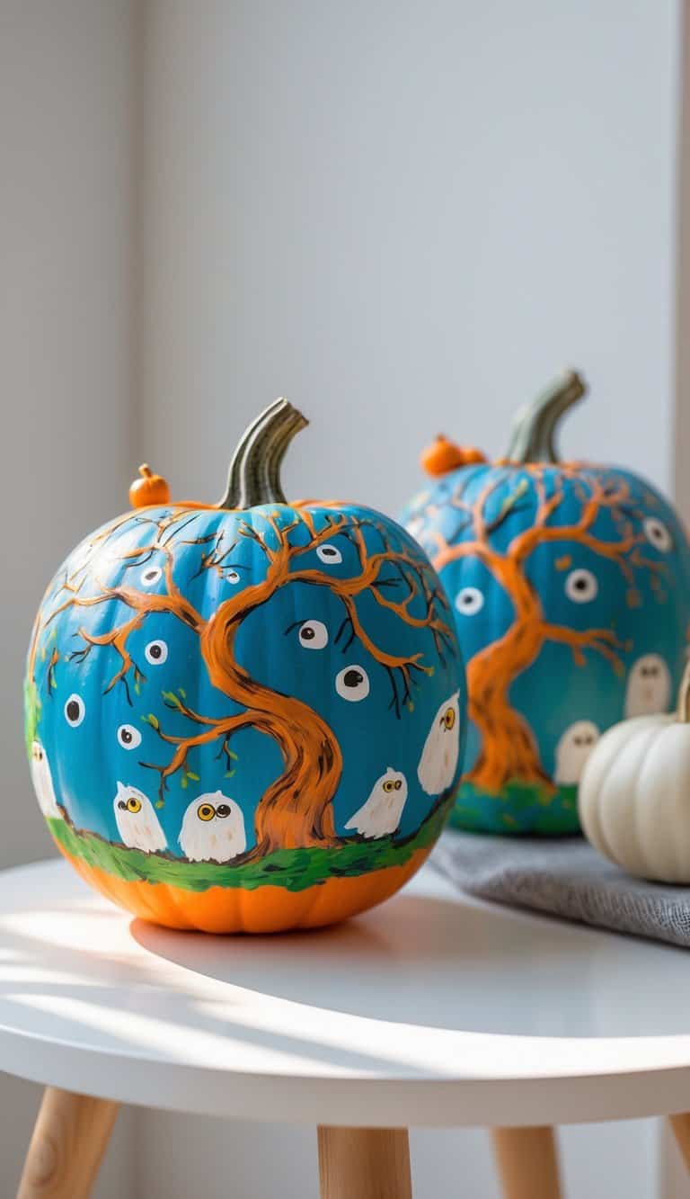 Close-up of one to two pumpkins painted with a haunted tree design, showing twisted branches and spooky faces on a clean tabletop.