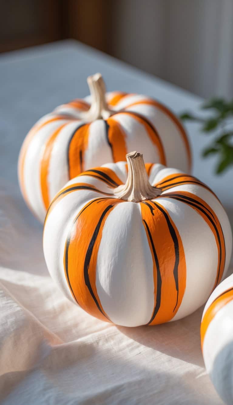 Close-up of one or two white pumpkins painted with bright orange tiger stripes on a clean tabletop.