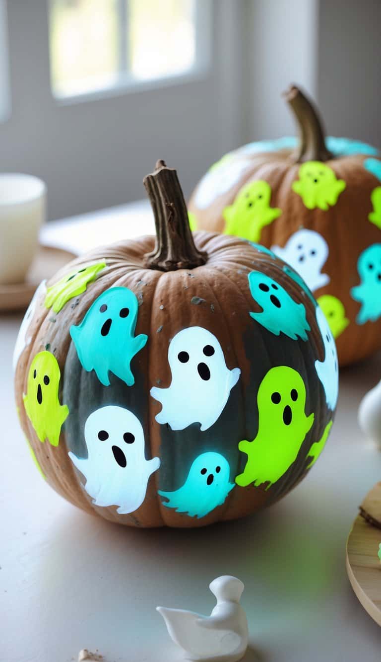 One to two painted pumpkins on a table, decorated with colorful ghost designs swirling around their surfaces.