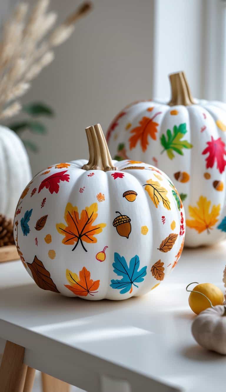 Close-up of one to two white painted pumpkins with colorful autumn-themed designs on a clean tabletop.