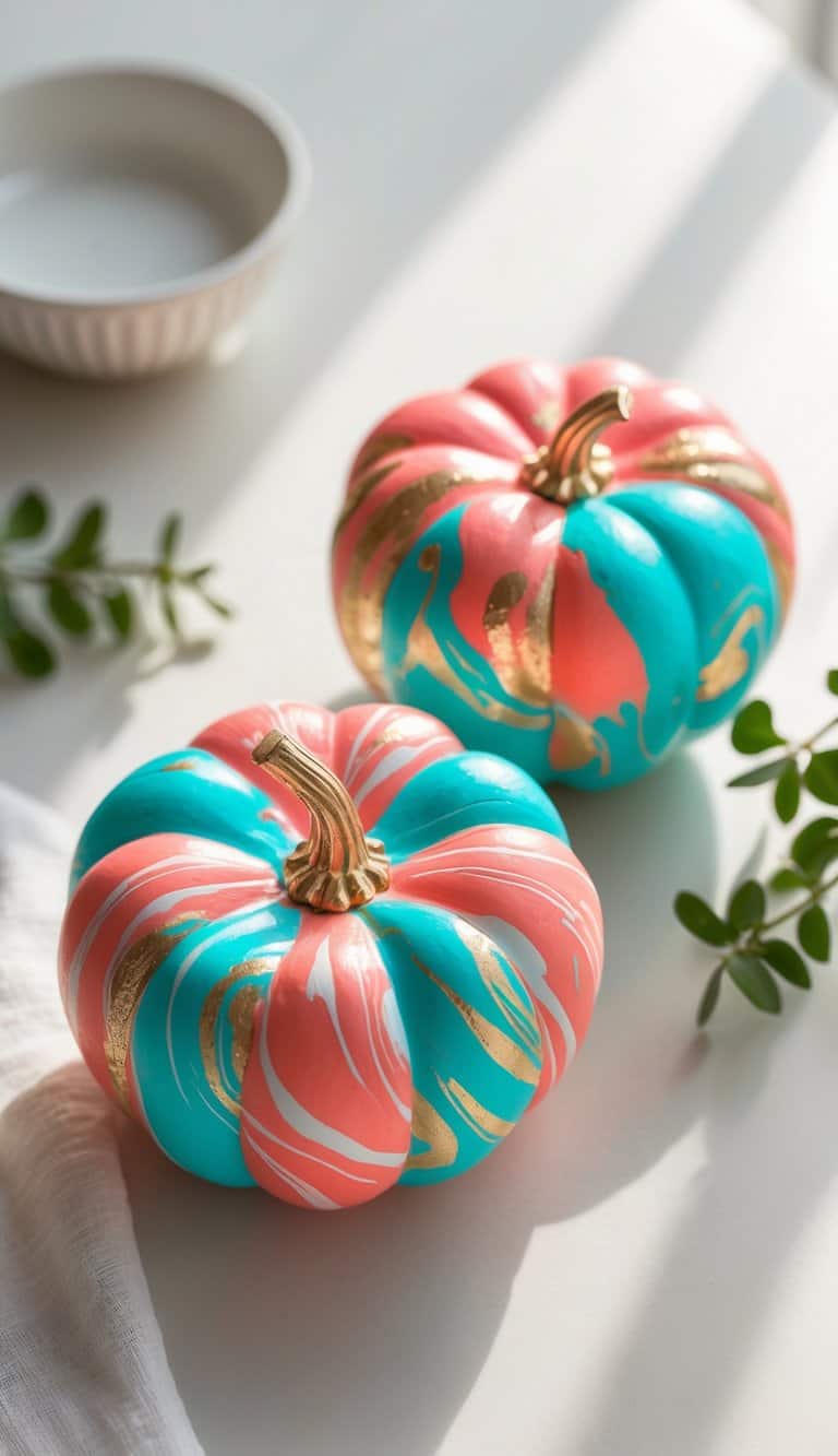 Close-up of one to two small painted pumpkins with colorful marble-like patterns on a light tabletop.