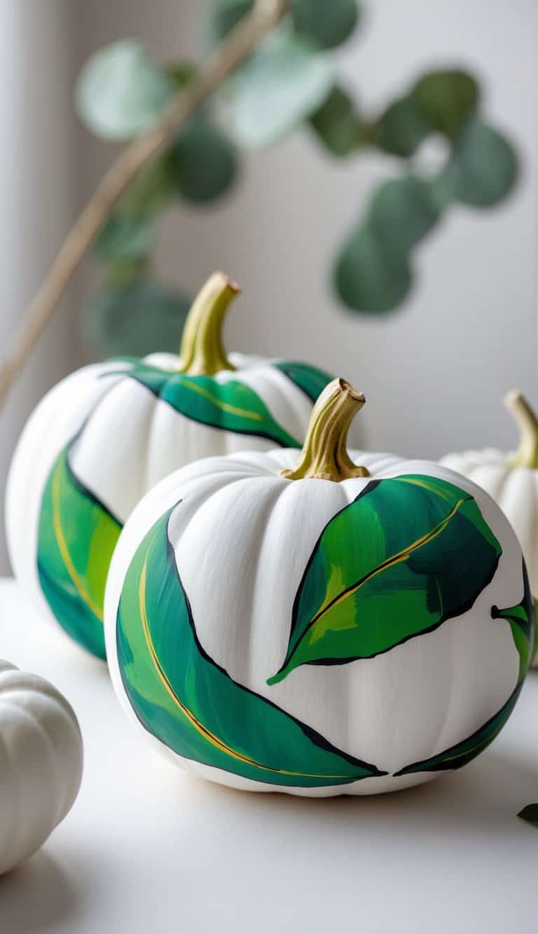 Close-up of one or two white pumpkins painted with green eucalyptus leaves on a clean tabletop.