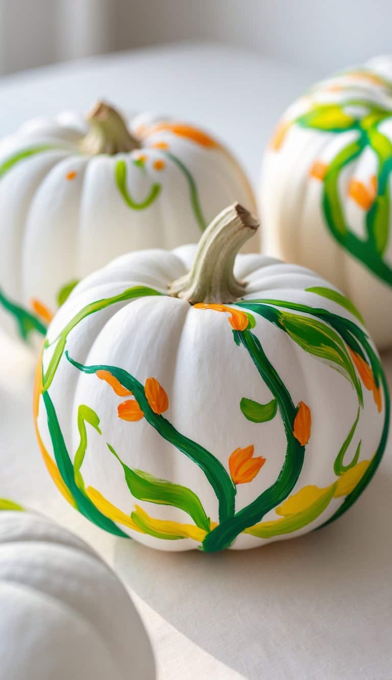 One to two white pumpkins on a tabletop decorated with colorful painted pumpkin vines.