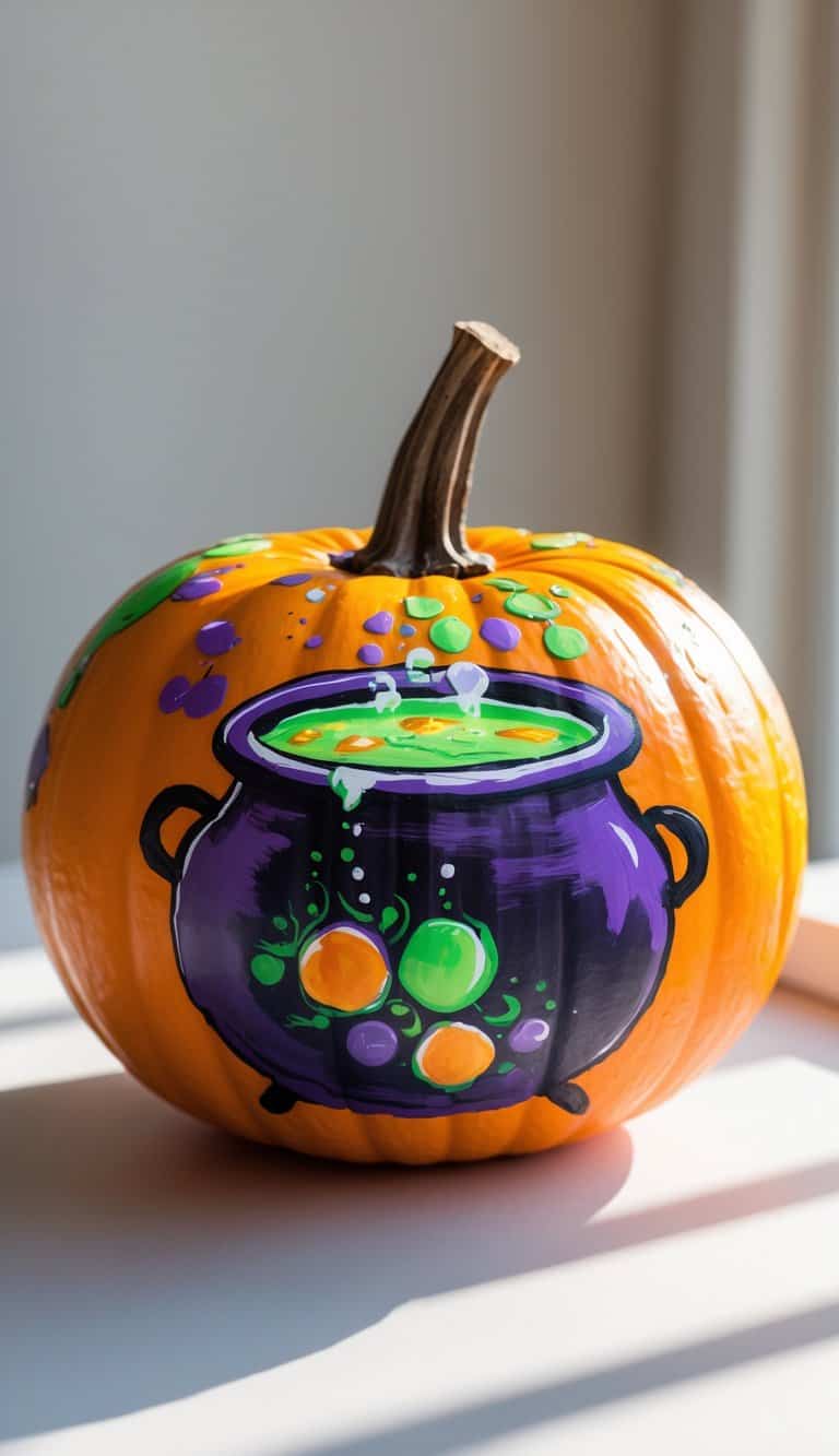 One to two pumpkins painted with a colorful witch’s brew cauldron design on a clean tabletop.