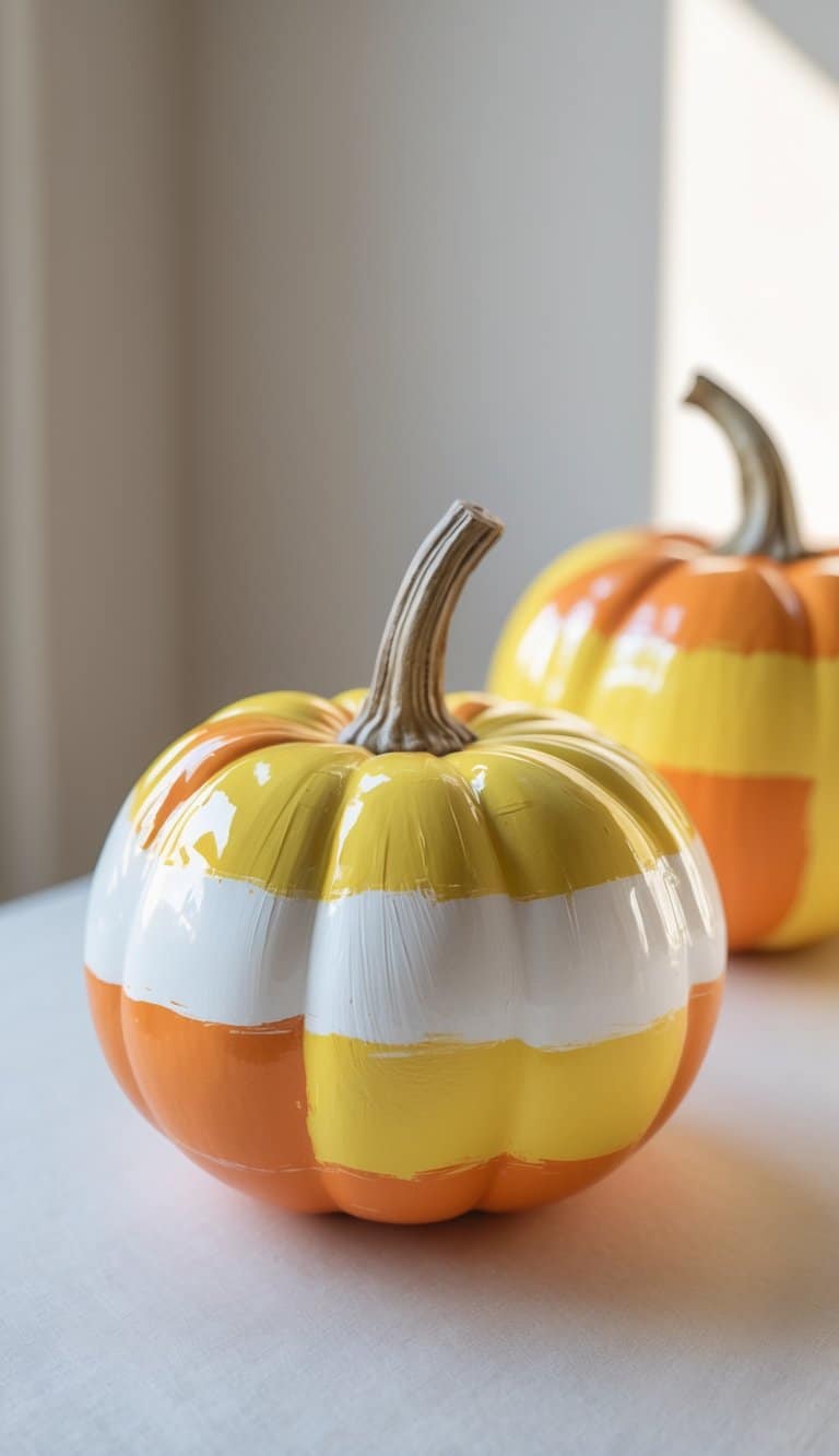Close-up of one to two pumpkins painted with candy corn colors on a plain tabletop.
