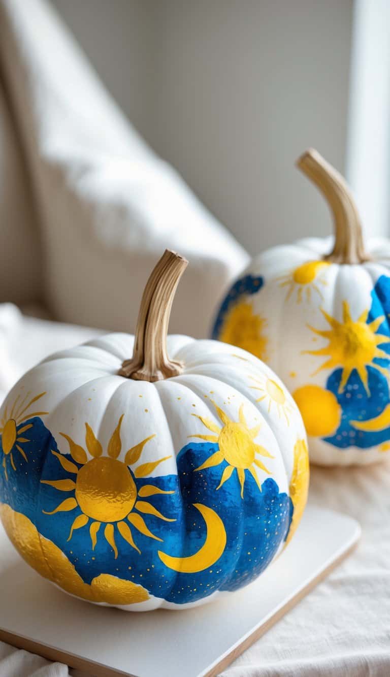 One to two white pumpkins painted with colorful sun and moon designs on a clean tabletop.