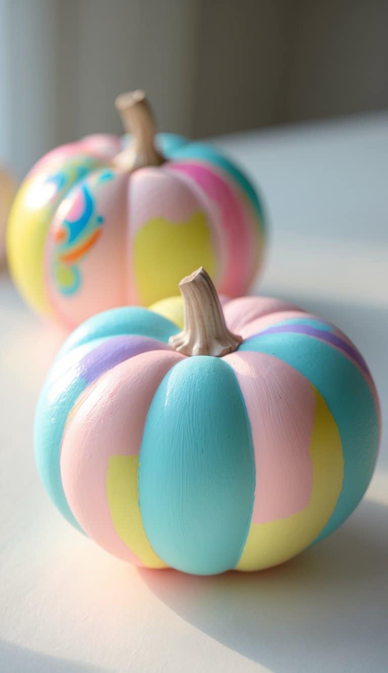 One to two small painted pumpkins with colorful designs placed on a tabletop.