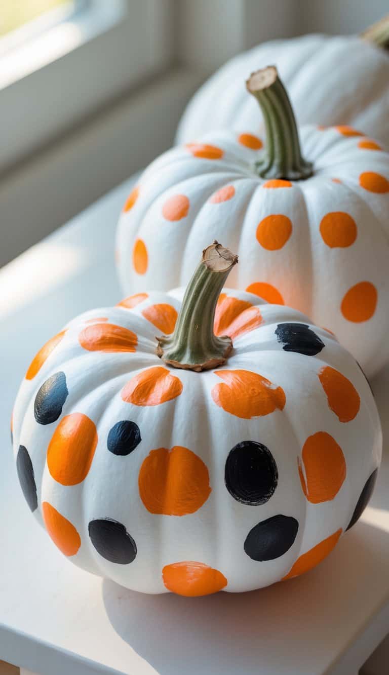 Close-up of one to two white pumpkins painted with orange and black polka dots on a clean tabletop.