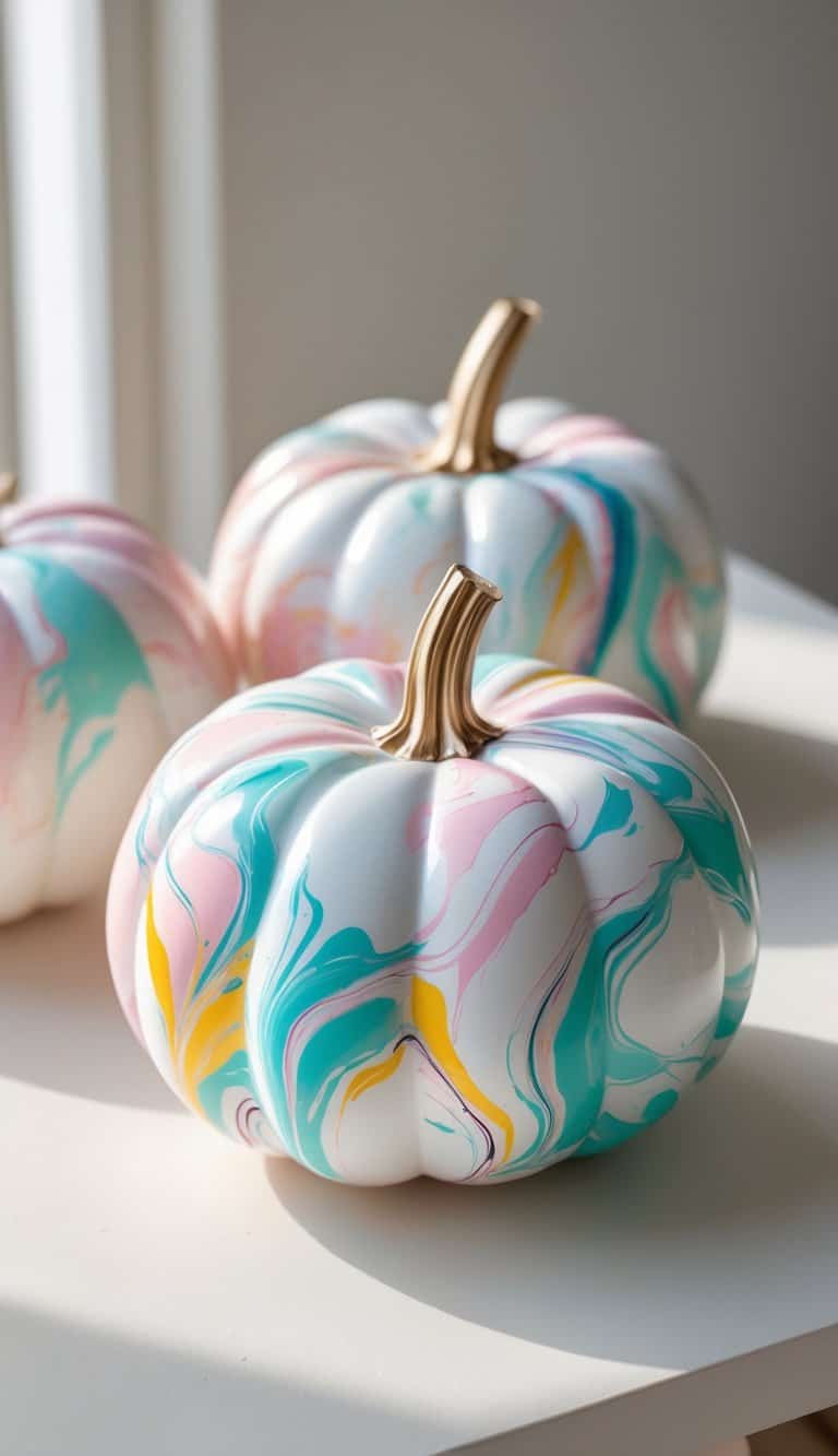 Close-up of one to two pumpkins painted with colorful marble patterns on a clean tabletop.