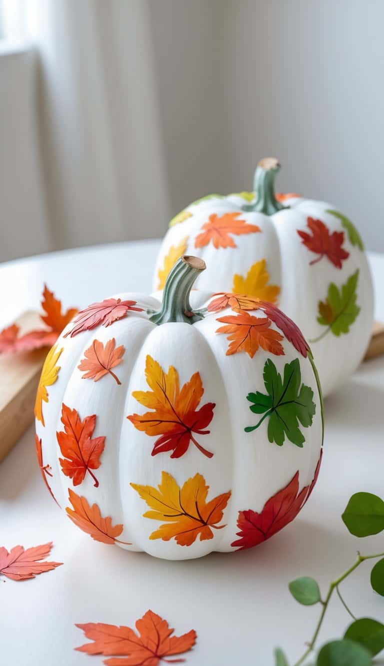 One to two white pumpkins painted with colorful autumn leaves on a clean tabletop.