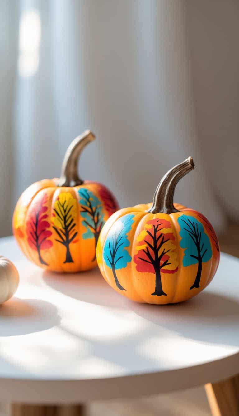 One to two mini pumpkins painted with colorful fall tree designs on a clean tabletop under soft daylight.