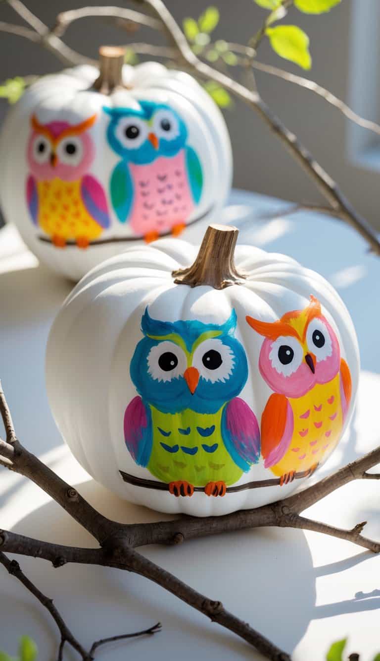One to two white pumpkins painted with colorful owl designs perched on branches, displayed on a plain tabletop.