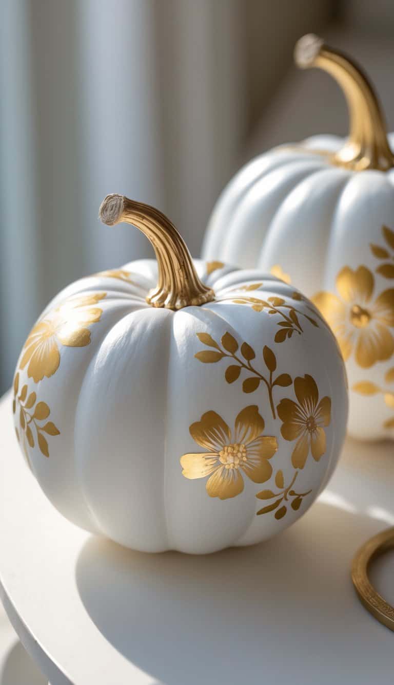 Close-up of one to two white pumpkins painted with delicate gold floral designs on a tabletop.