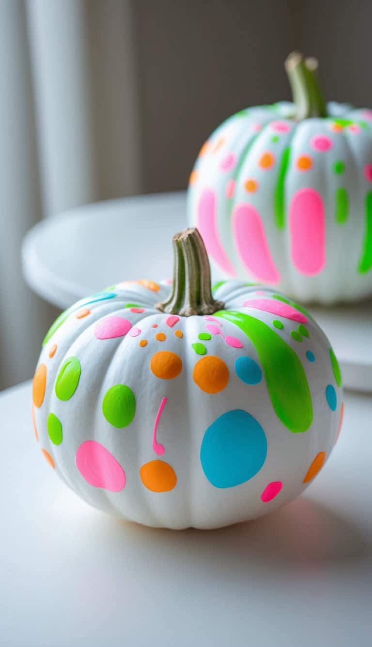 Close-up of one to two white pumpkins painted with colorful glow-in-the-dark designs on a clean tabletop.