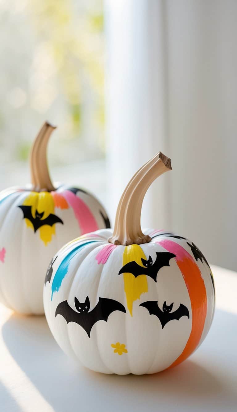 Close-up of one or two white pumpkins painted with black bats, displayed on a simple tabletop.