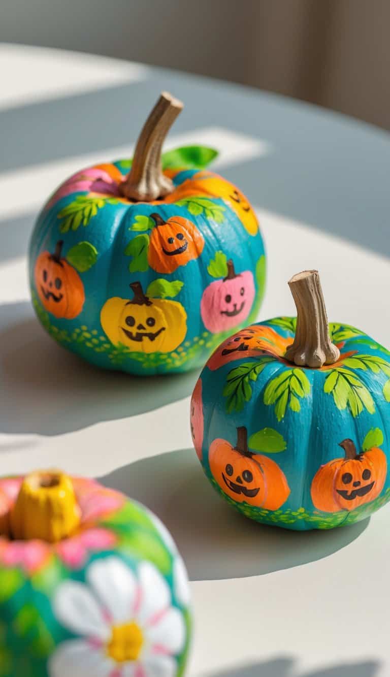One to two mini pumpkins painted with colorful pumpkin patch designs on a tabletop.